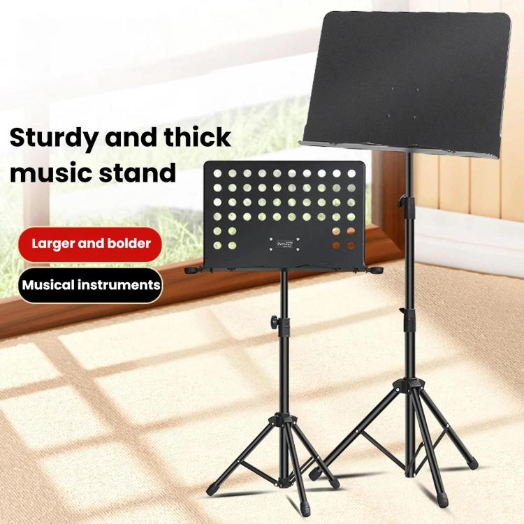 Portable folding music stand pair with black solid and perforated boards on tripod bases