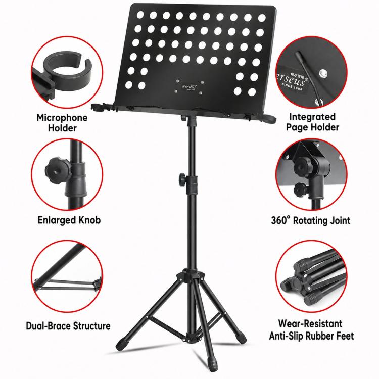 Black portable folding music stand with perforated panel, page holder, tripod legs
