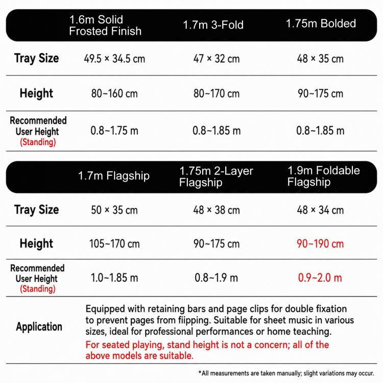 Portable music stand size chart showing tray sizes and adjustable heights