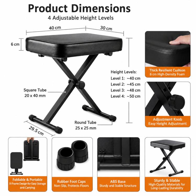 Adjustable height black padded stool with X-frame base and round tube feet