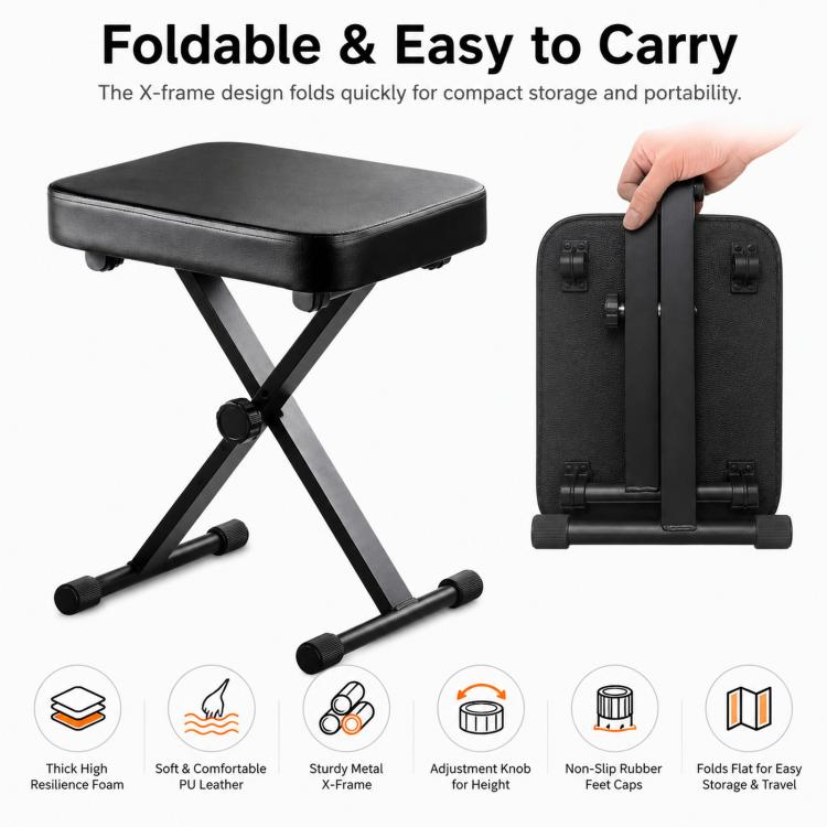 Folded black X-frame piano stool with padded seat for compact storage
