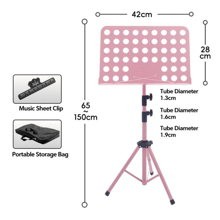 Pink adjustable sheet music stand with perforated tray, tripod legs, storage bag