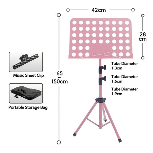 Pink adjustable sheet music stand with perforated tray, tripod legs, storage bag