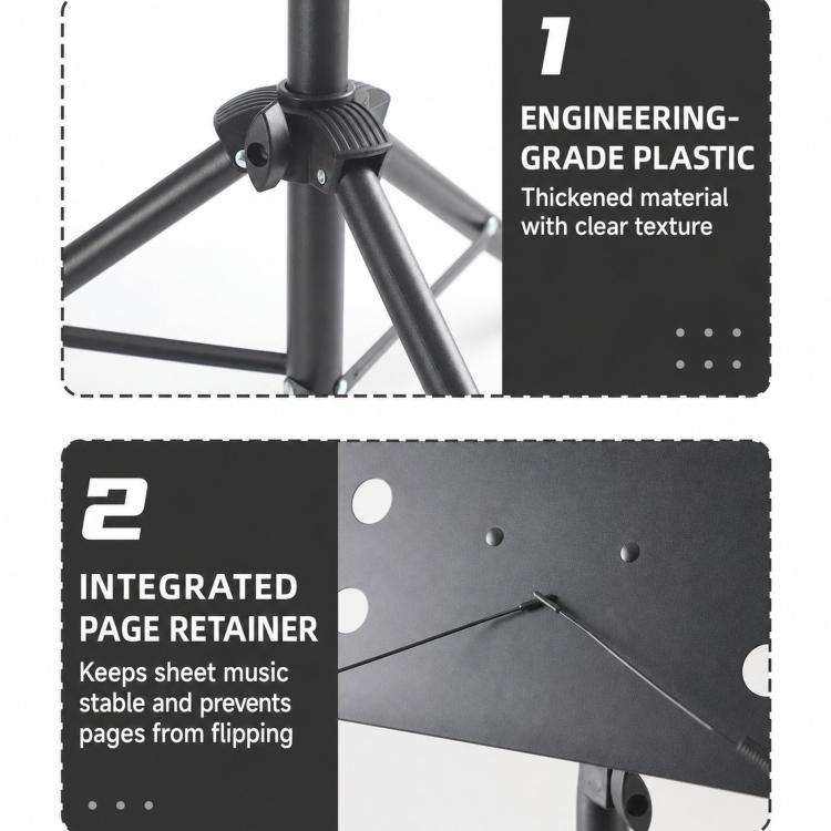 Sheet music stand page retainer hardware on the tray mount