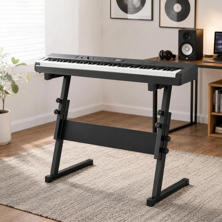 Adjustable keyboard stand with black metal frame and stable support legs