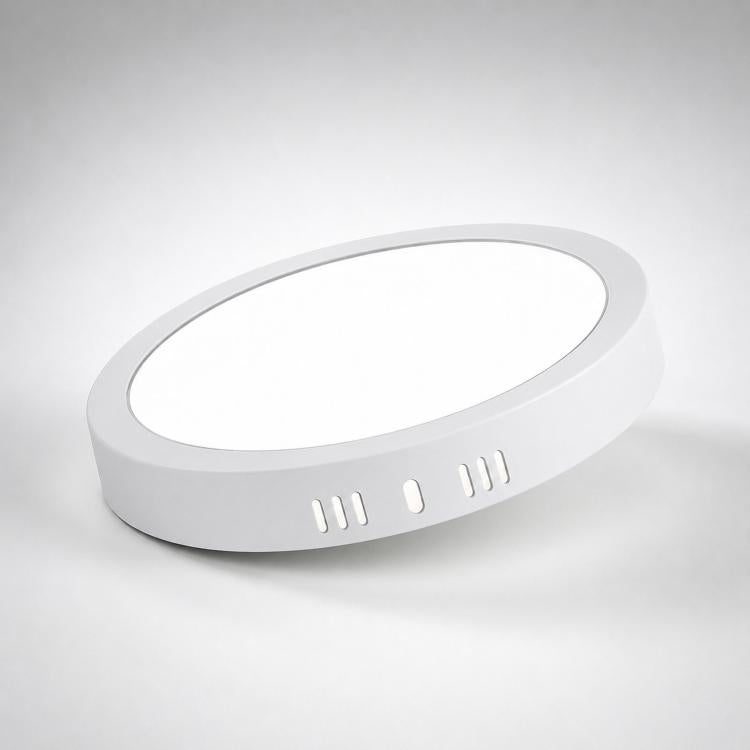 Round white flush-mount LED ceiling panel light with 3 side vent slots
