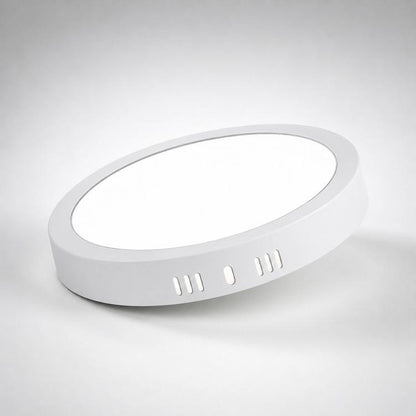 Round white flush-mount LED ceiling panel light with 3 side vent slots