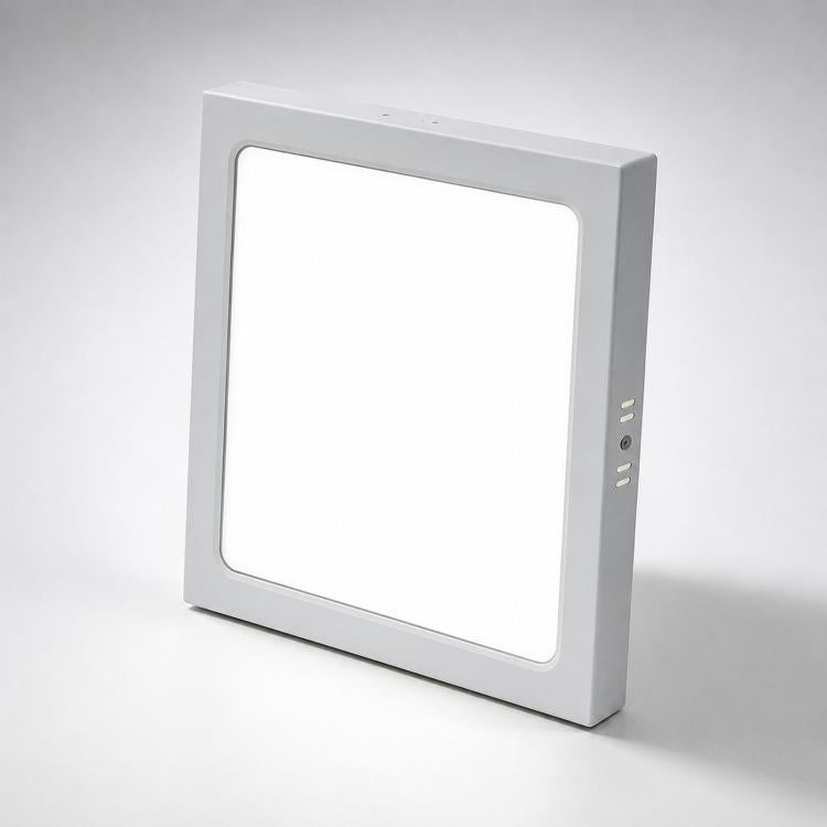 Square white flush-mount LED ceiling panel light with slim frame and side control buttons