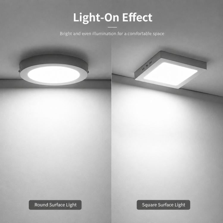 Ceiling-mounted round and square white flush-mount LED panel lights with glowing diffusers