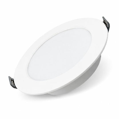 White round recessed LED panel downlight with plastic trim and mounting clips