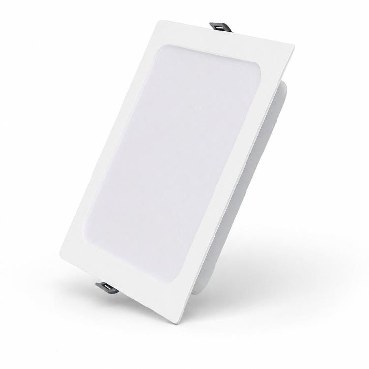 White square recessed LED panel downlight with plastic frame and corner mounting clips