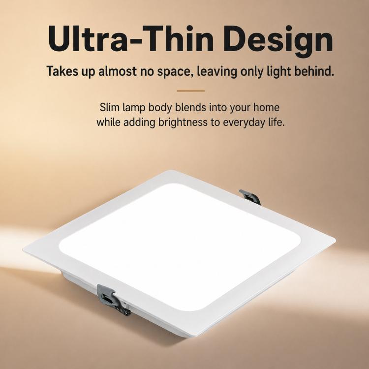 White square recessed LED panel downlight set into ceiling with trim ring