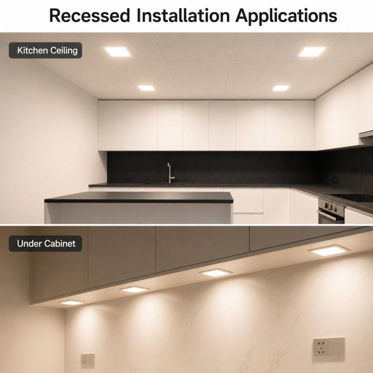 Multiple recessed square LED panel downlights in ceiling with bright white diffuser panels
