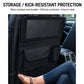 Black seat back storage bag with large clear window panel and lower pockets