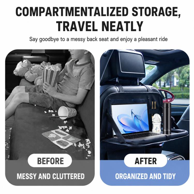 Black seat back organizer bag with compartment layout for neat travel storage