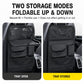 Black foldable seat back organizer showing tray open and tray stored positions