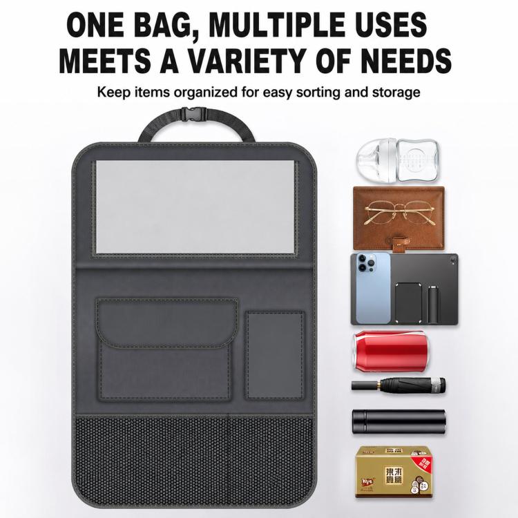 Black organizer bag with top handle and multiple stitched pockets for small items