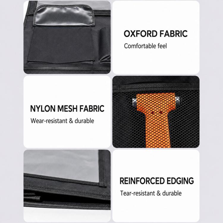 Material detail of black seat back organizer fabric with reinforced edging and mesh panel