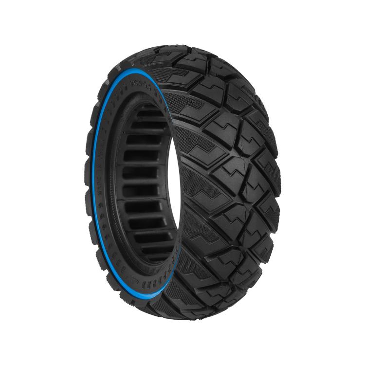 Black solid scooter tire with blue sidewall stripe and blocky diamond tread.