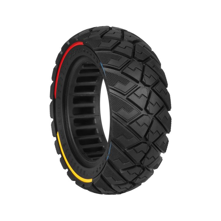 Black solid scooter tire with tri-color sidewall accents and diamond tread blocks.