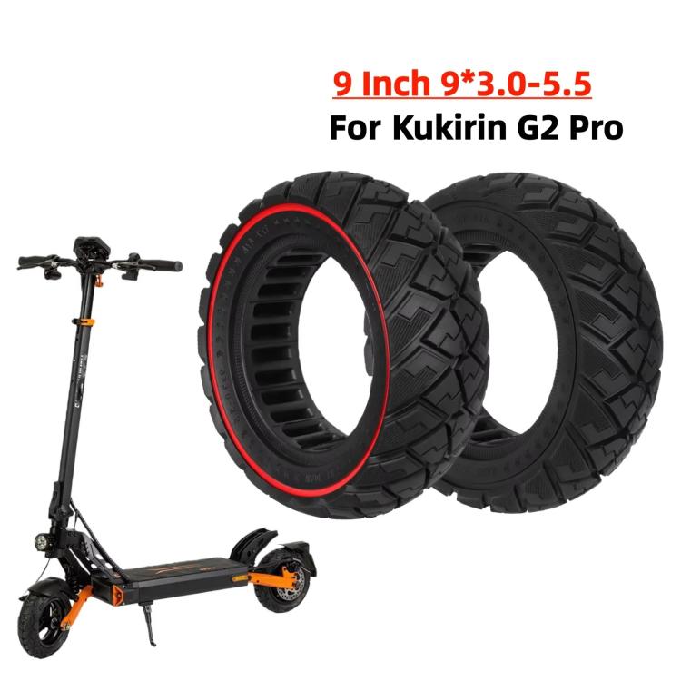 Two 9-inch solid scooter tires with red sidewall stripe and off-road tread.