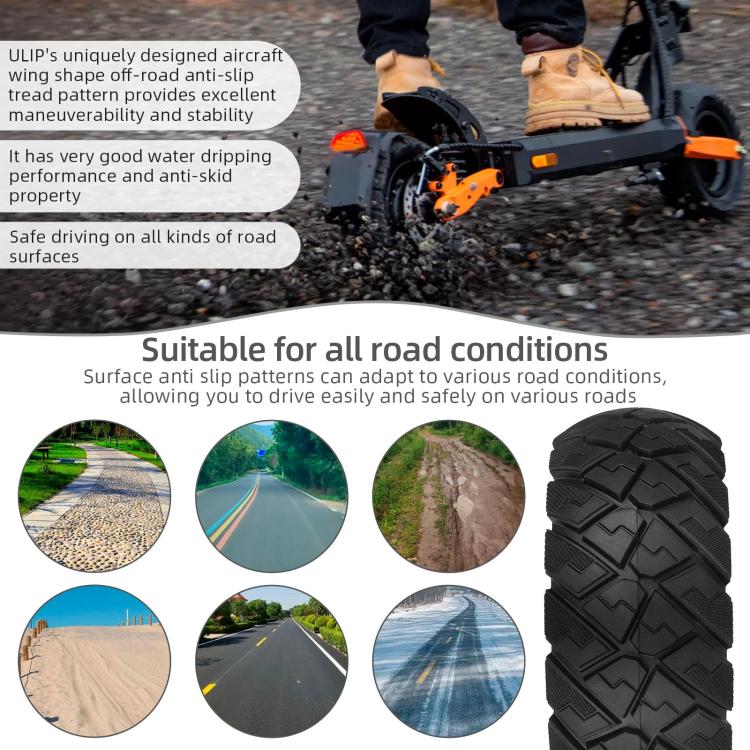 Off-road solid scooter tire with rugged diamond tread, angled view.