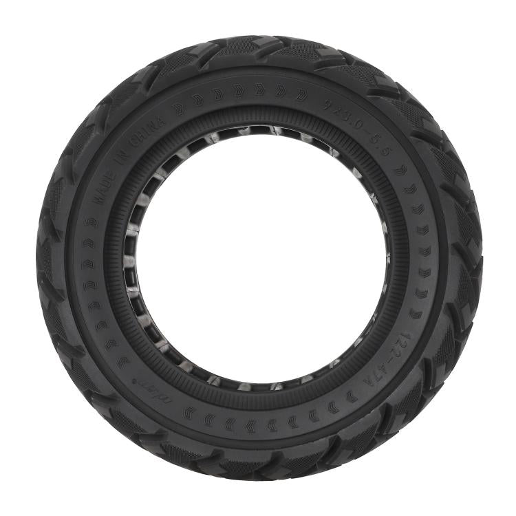 Black solid electric scooter replacement tire with diamond tread, side view.
