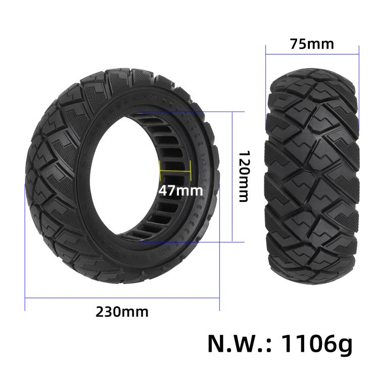 9-inch solid scooter tire dimensions 230mm x 110mm; diamond tread; 1106g.