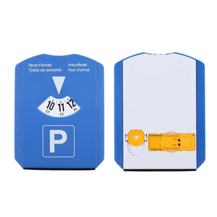 Blue parking time disc sign with P symbol and arrival time dial
