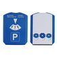Blue parking time disc sign showing coin acceptor with three coin slots