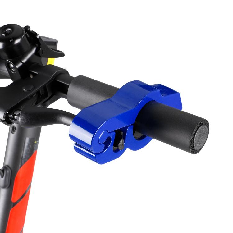Blue handlebar grip lock clamps over brake lever and handlebar grip