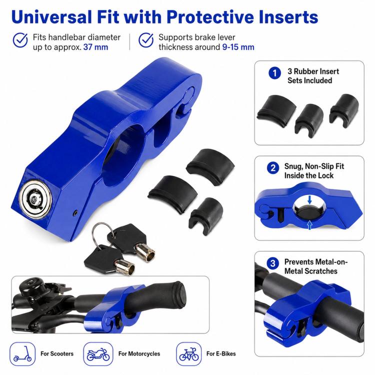 Blue handlebar grip lock with protective rubber inserts and two keys
