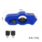 Blue handlebar grip lock with dimensions, rubber insert area, and two keys