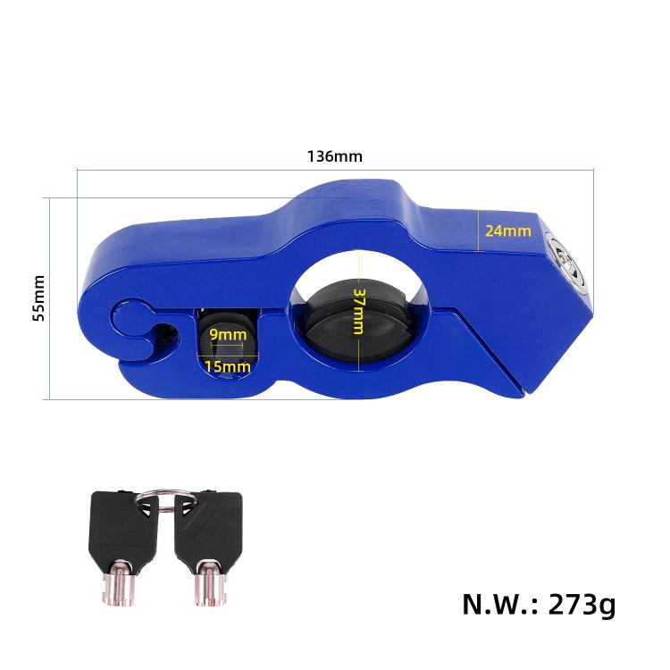 Blue handlebar grip lock with dimensions, rubber insert area, and two keys