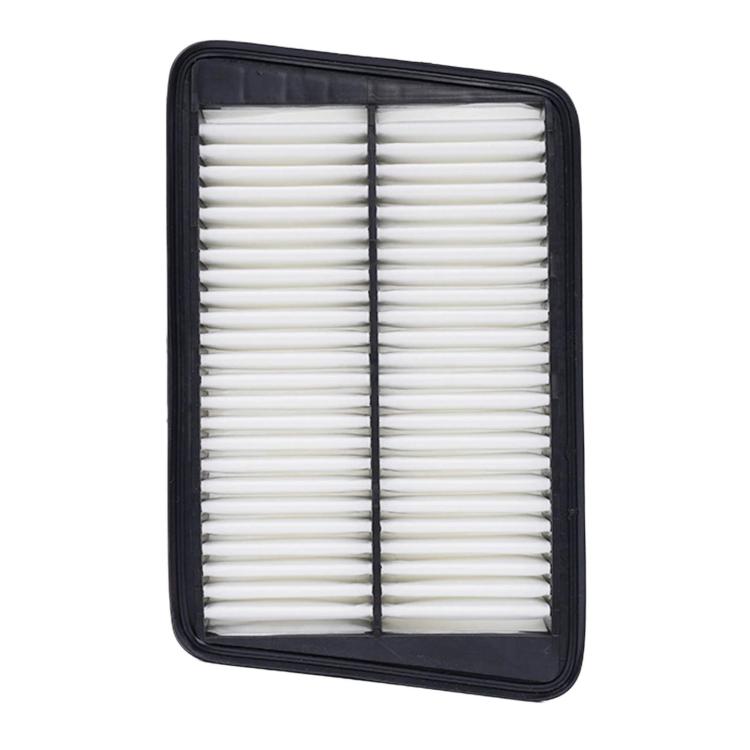 Square car air filter with white pleated media in black plastic frame