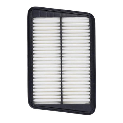 Square car air filter with white pleated media in black plastic frame