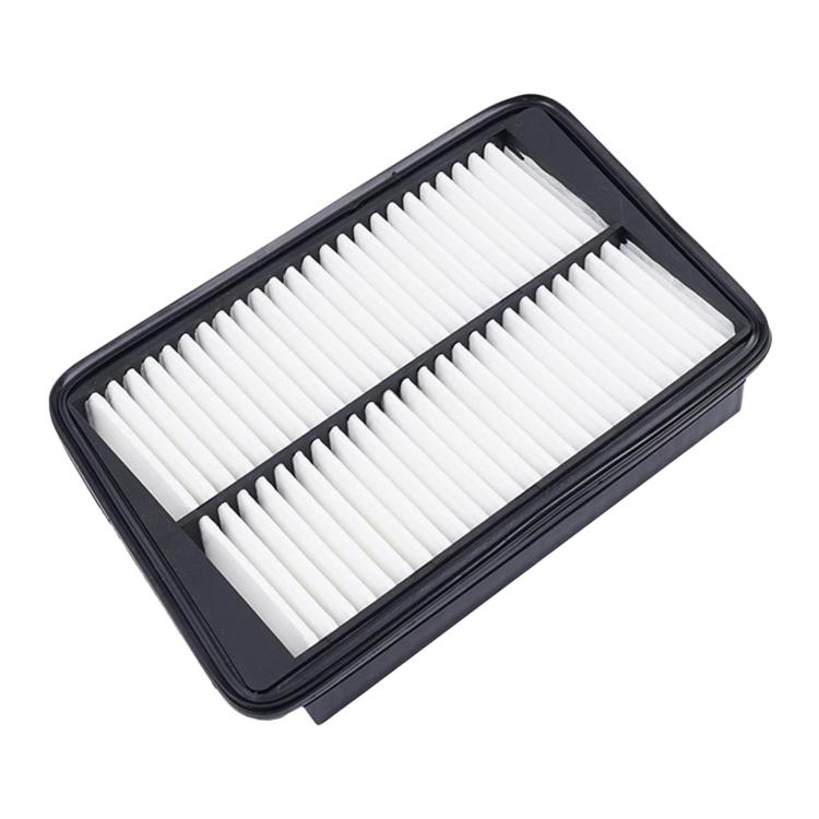 Rectangular car air filter with white pleated paper media and black border frame