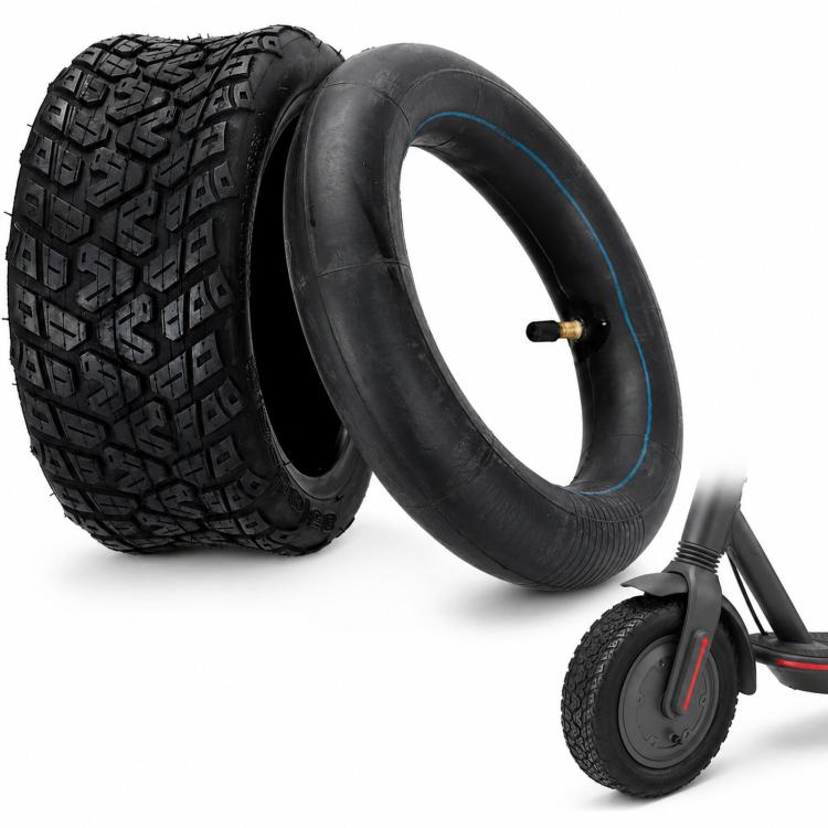 Black scooter tire with knobby tread and inner tube, blue rim stripe