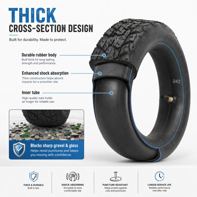 Thick cross-section electric scooter tire with inner tube and blue rim line