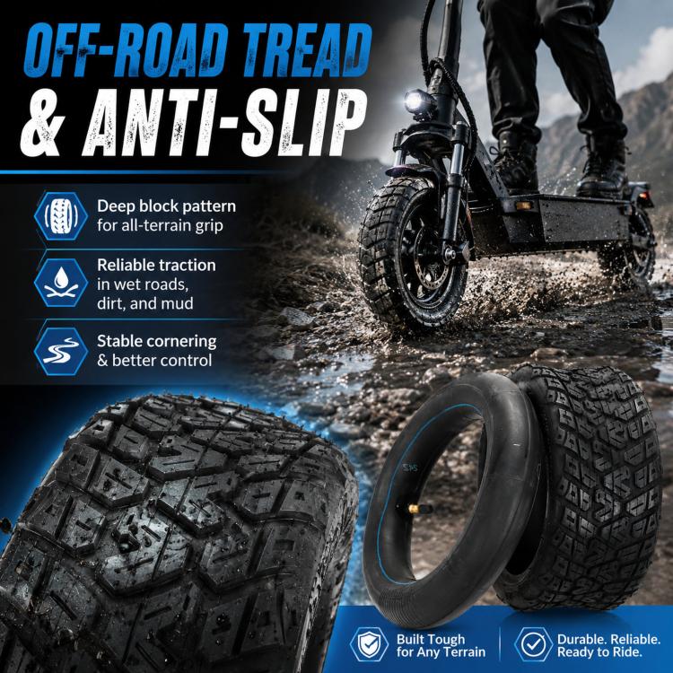All-terrain scooter tire with deep block tread and inner tube