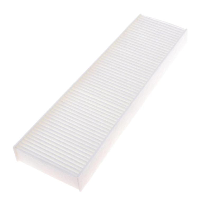 Cabin air filter for Audi A6, angled view of pleated white filter media