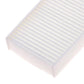 Cabin air filter, corner view showing pleated white media in frame