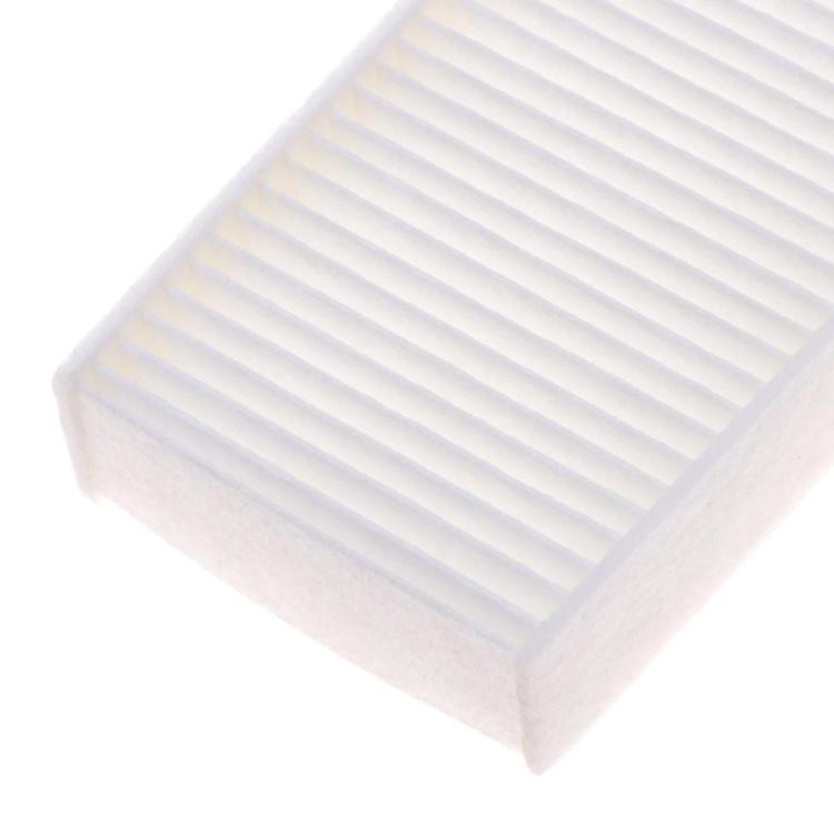 Cabin air filter, corner view showing pleated white media in frame