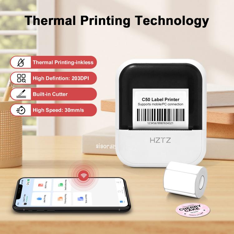 HZTZ C50 Portable Label Printer & Mini Tattoo Stencil Machine 2 Inch Inkless Thermal Label Maker