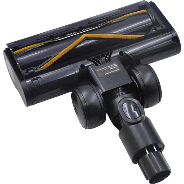Motorized floor brush head with transparent roller, black housing, yellow bristle strip