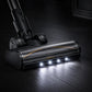 Motorized floor brush head with LED lights on base, clear roller, black housing