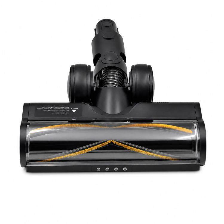Motorized floor brush head with clear roller cover and black dust-detecting lights
