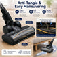 Motorized floor brush head with flexible swivel joint, dual wheels, and black roller