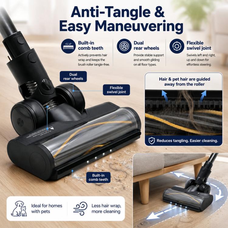 Motorized floor brush head with flexible swivel joint, dual wheels, and black roller