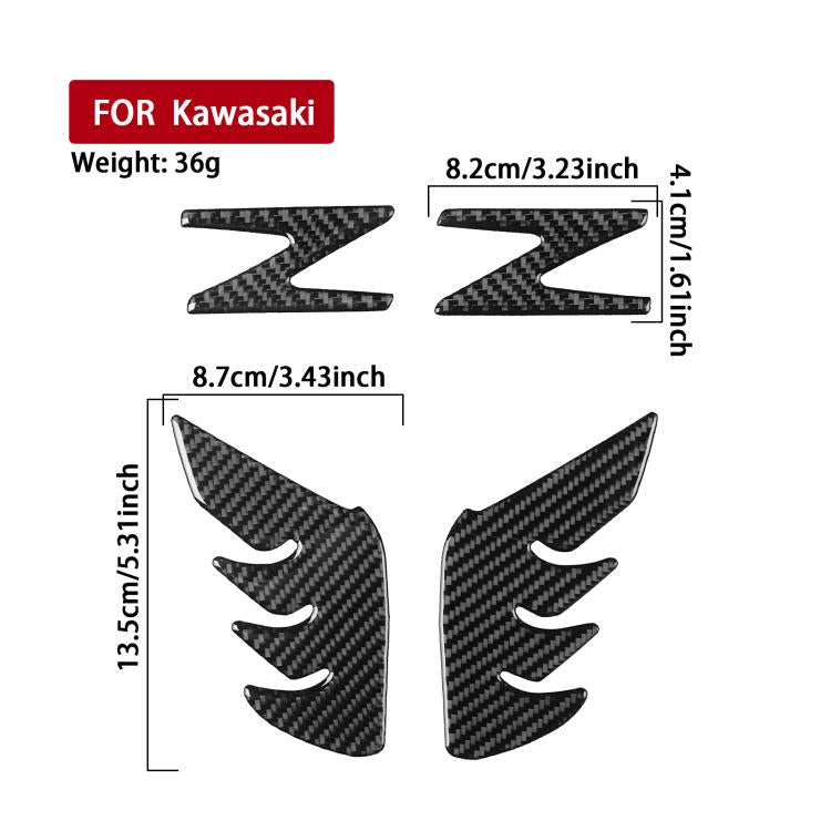 Fuel tank decorative stickers set with black carbon-fiber pattern and size layout.